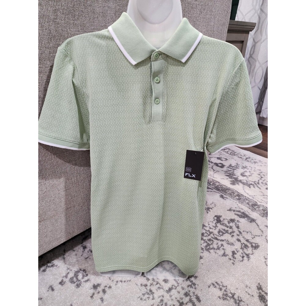 FLX Polo Shirt Mens Small Green Geometric Urban Commuter Performance ShortSleeve